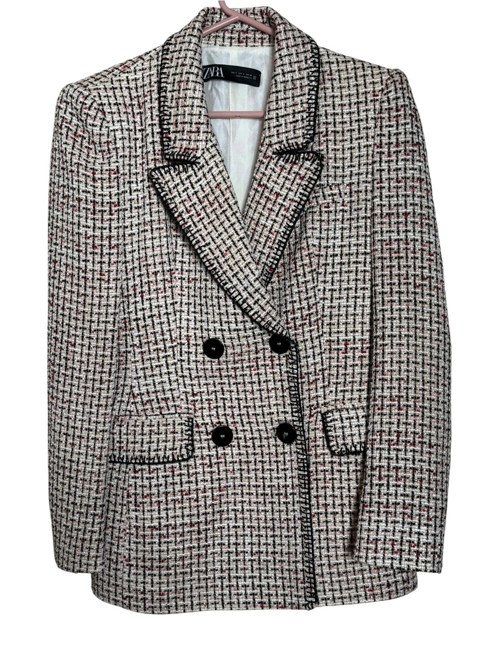 Zara Boucle Tweed Blazer Black Pink White Double Breasted Size S